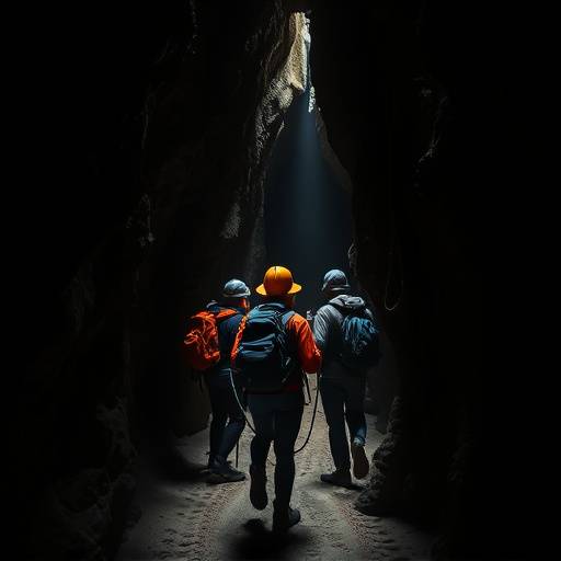 A group of adventurers exploring a narrow passage inside the Cango Caves.