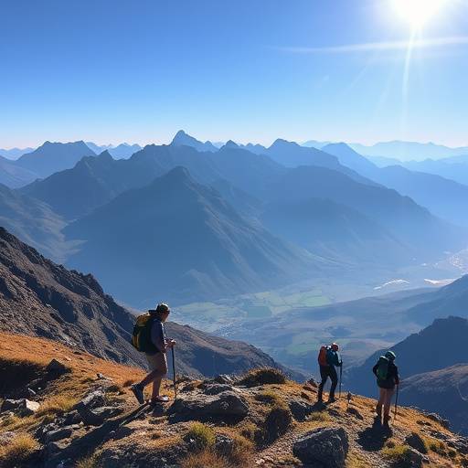 A group of hikers ascending the Drakensberg mountains with dramatic peaks in the background
