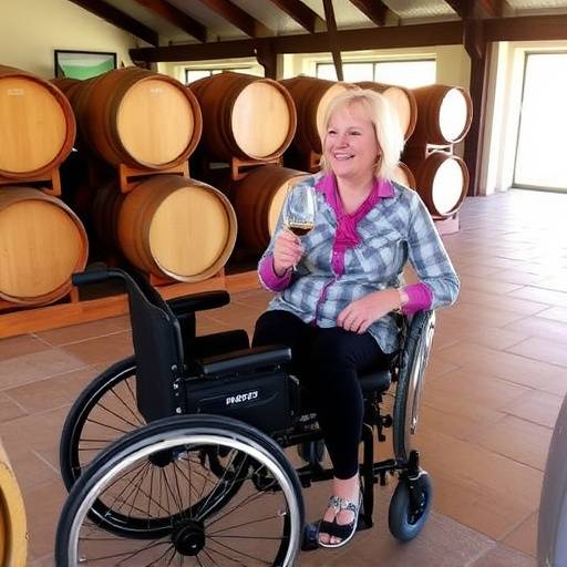 A group of people enjoying wine tasting at an accessible winery in Stellenbosch, one person is using a wheelchair.
