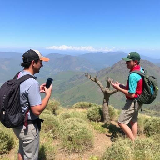 A hiking tour group in the Drakensberg mountains, with a sign language interpreter communicating with a hiker.