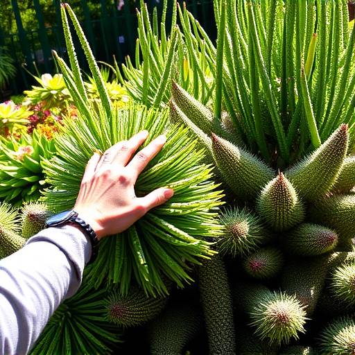 A person touching a plant in the sensory garden at Kirstenbosch Botanical Garden, with various textured plants in view.