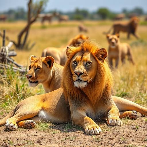 A pride of lions lounging in the savanna of Kruger National Park