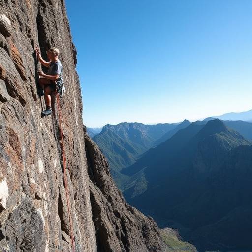 A rock climber scaling a steep cliff face in the Drakensberg Mountains.