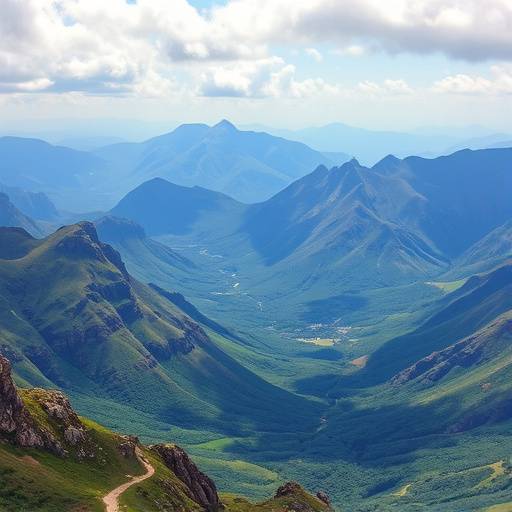 Dramatic landscape of the Drakensberg mountains with jagged peaks and green valleys