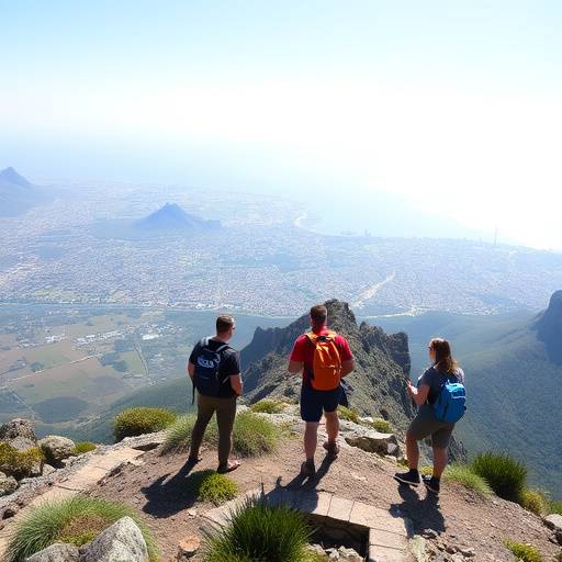 Hikers on top of Table Mountain overlooking Cape Town