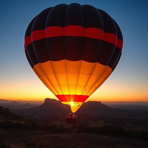 Hot air balloon flying over the Magaliesberg Mountains at sunrise