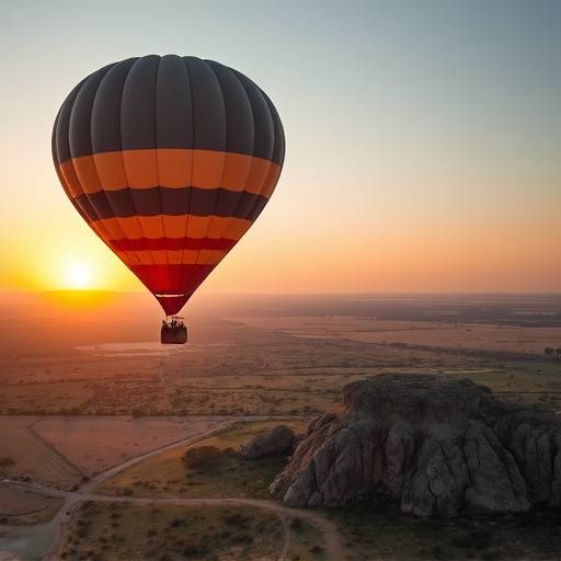 Hot air balloon rising over the Cradle of Humankind, a UNESCO World Heritage Site