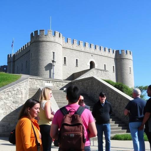 Image of a tour guide in Cape Town using audio description to explain the history of the Castle of Good Hope to a group.