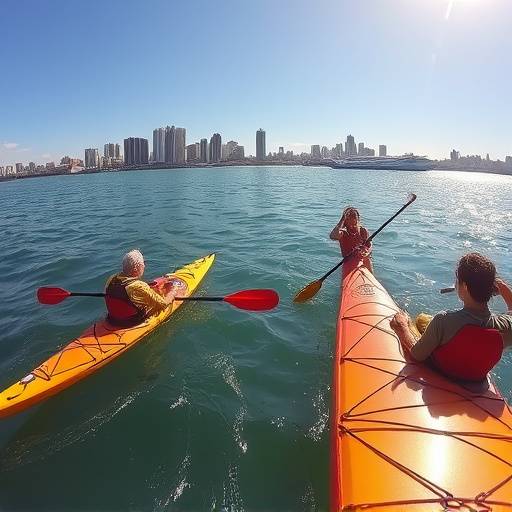 Kayakers paddling along the coast of Durban with the city skyline in the distance