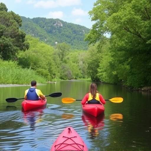 Kayakers paddling down the calm waters of the Breede River surrounded by lush greenery.