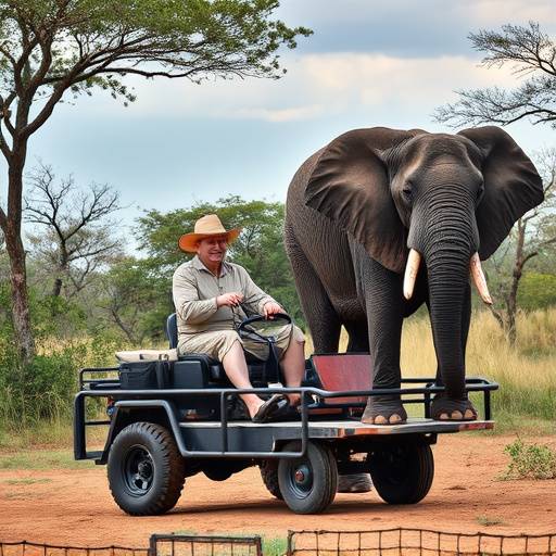 Photograph of a wheelchair-accessible safari vehicle in Kruger National Park, surrounded by elephants.