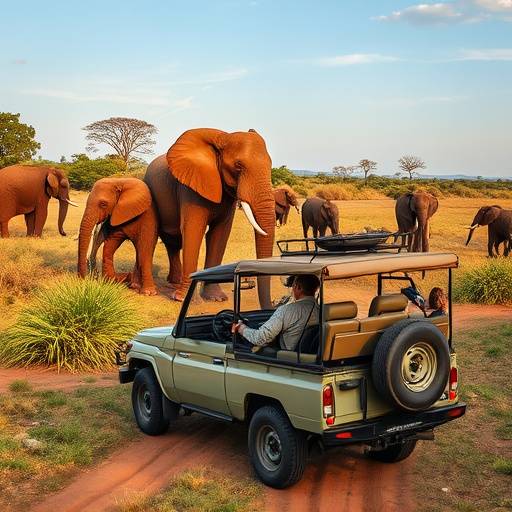 Safari jeep driving through Kruger National Park with elephants in the background