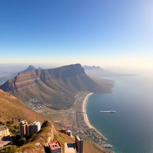Scenic view of Table Mountain in Cape Town, surrounded by the ocean