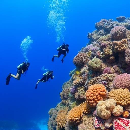 Scuba divers exploring a coral reef in Sodwana Bay