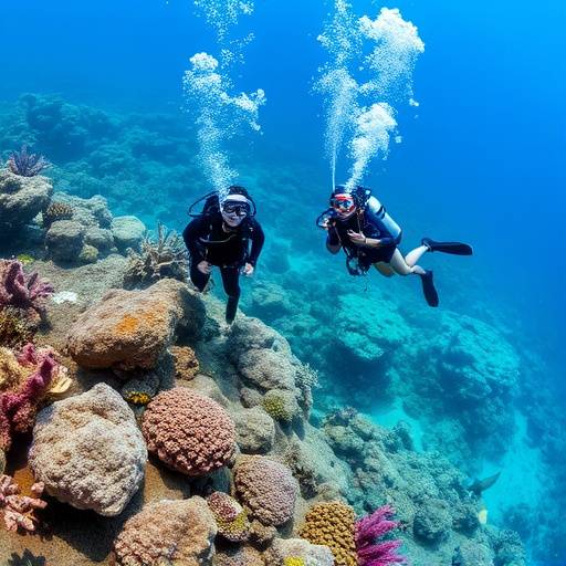 Scuba divers exploring a vibrant coral reef in Sodwana Bay, KwaZulu-Natal