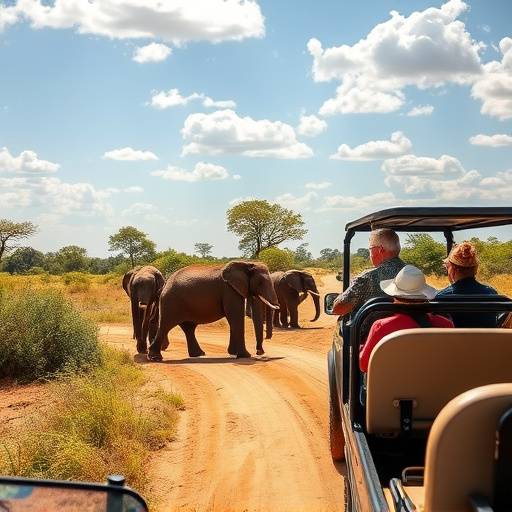 Tourists in an open-top safari vehicle spotting elephants at Addo Elephant National Park