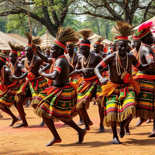 Zulu dancers performing a traditional dance in a vibrant village setting.